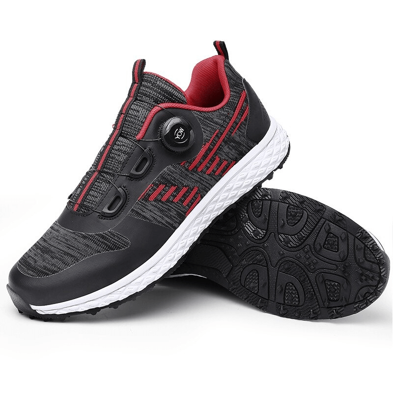 Breathable Flexible Casual Lace Up Sneakers in black with red accents, featuring mesh upper and durable rubber sole for all-day comfort.